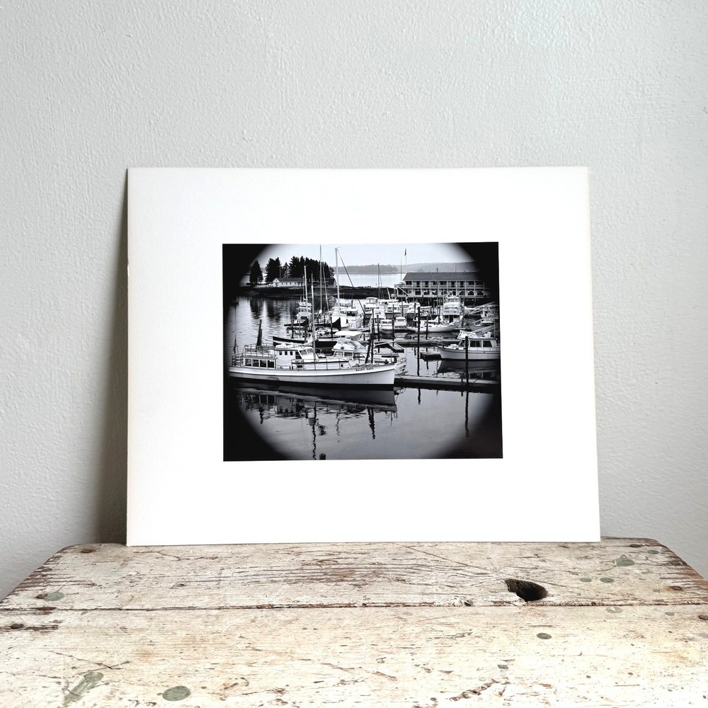 Vintage Black and White Harbor Boat Photography Matted Print Balmy Days